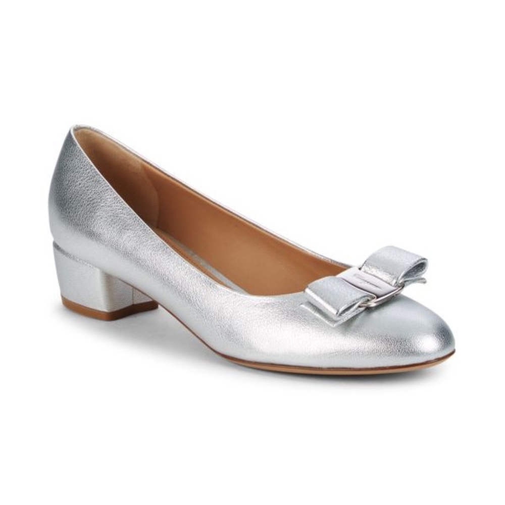 Ferragamo Vara 6Flair Argent Metallic Leather Kitten Heels Shoes